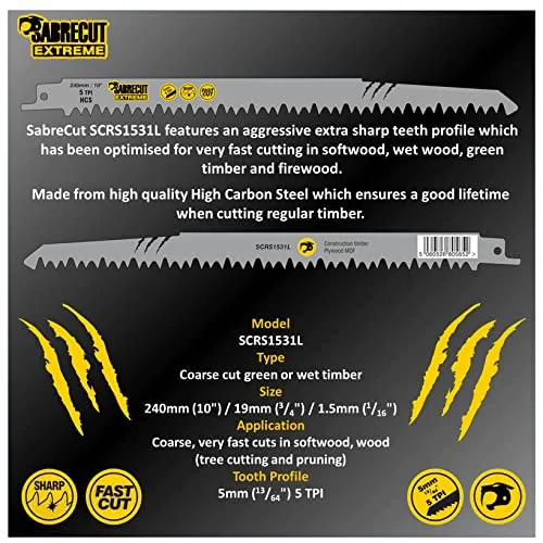 10 x SabreCut SCRS1531L_10 9 29/64" (240mm) 5 TPI S1531L Very Fast Wood Cutting Reciprocating Sabre Saw Blades Compatible with Bosch Dewalt Makita