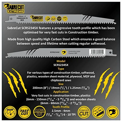 10 x SabreCut SCRSKW10A Mixed S644D S1531L S2345X Fast Wood Cutting Reciprocating Sabre Saw Blades Compatible with Bosch Dewalt Makita and many