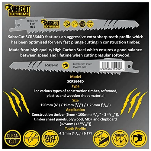 10 x SabreCut SCRSKW10A Mixed S644D S1531L S2345X Fast Wood Cutting Reciprocating Sabre Saw Blades Compatible with Bosch Dewalt Makita and many