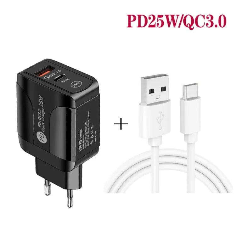 25W PD & QC3.0 Dual Port Fast Charger with USB-C Cable - EU Plug