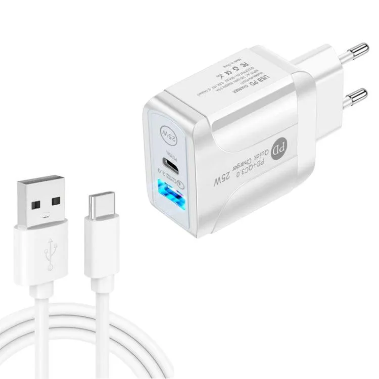 25W PD & QC3.0 Dual Port Fast Charger with USB-C Cable - EU Plug