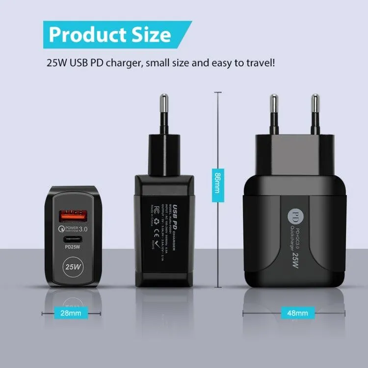 25W PD & QC3.0 Dual Port Fast Charger with USB-C Cable - EU Plug