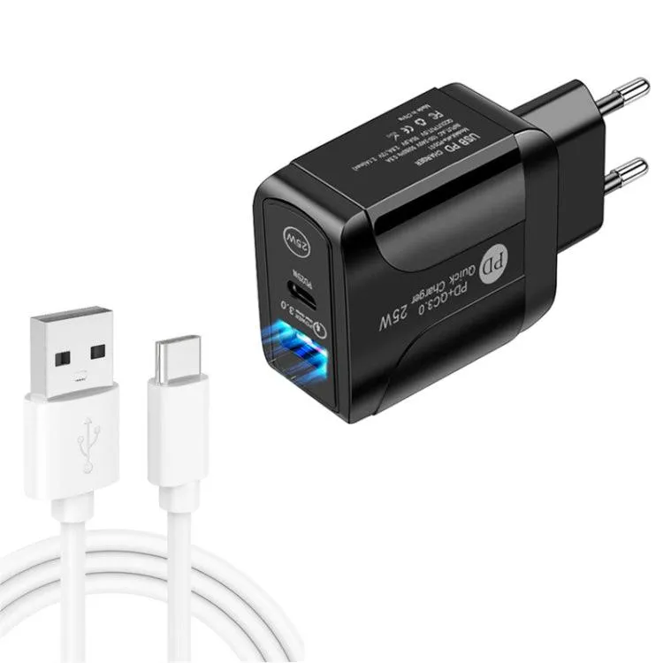 25W PD & QC3.0 Dual Port Fast Charger with USB-C Cable - EU Plug