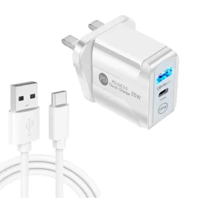 25W PD and QC3.0 Dual Port Fast Charger with USB-C Data Cable, UK Plug