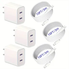 3-Pack Super Fast Charger For IPhone 16 Charger, 20W 20W Dual Port USB