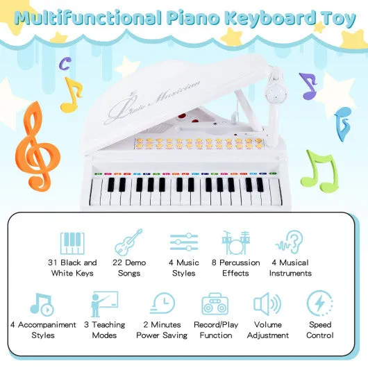 31 Keys Kids Piano Keyboard with Stool and Piano Lid-White