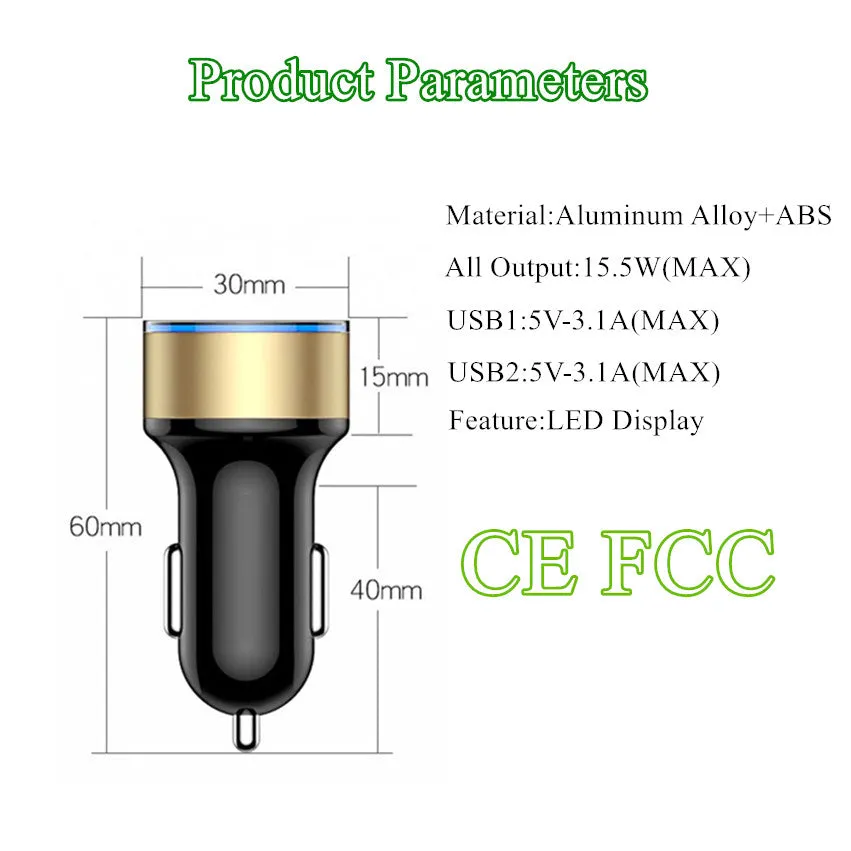 3.1A Dual USB Car Charger With LED Display Universal Mobile Phone Car-Charger for Xiaomi Samsung S8 iPhone 6 6s 7 8 Plus Tablet