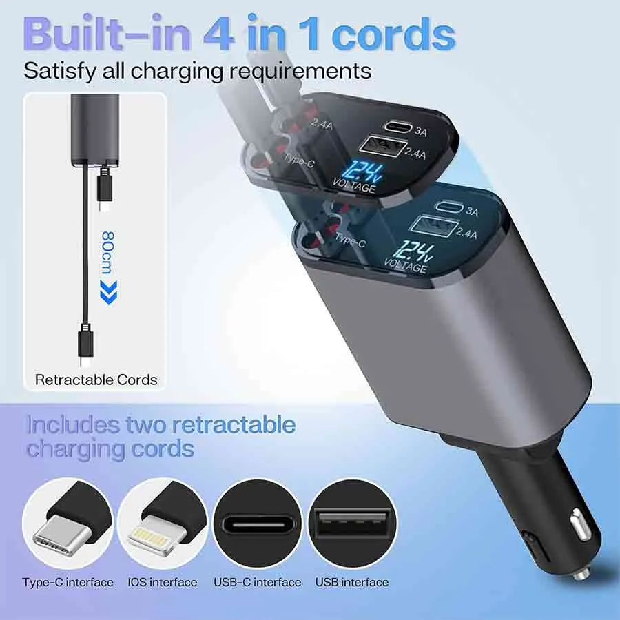 4 in 1 Super Fast Retractable Car Charger (120W)