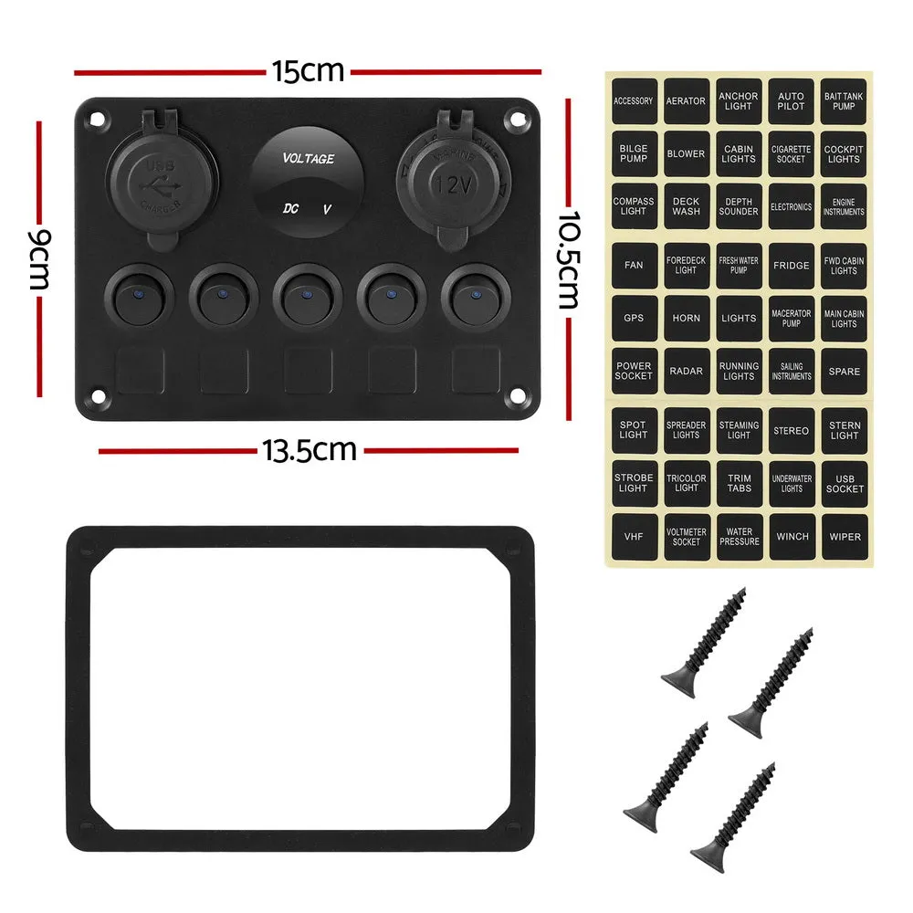 5-Gang 12V LED Switch Panel with USB Charger - Giantz