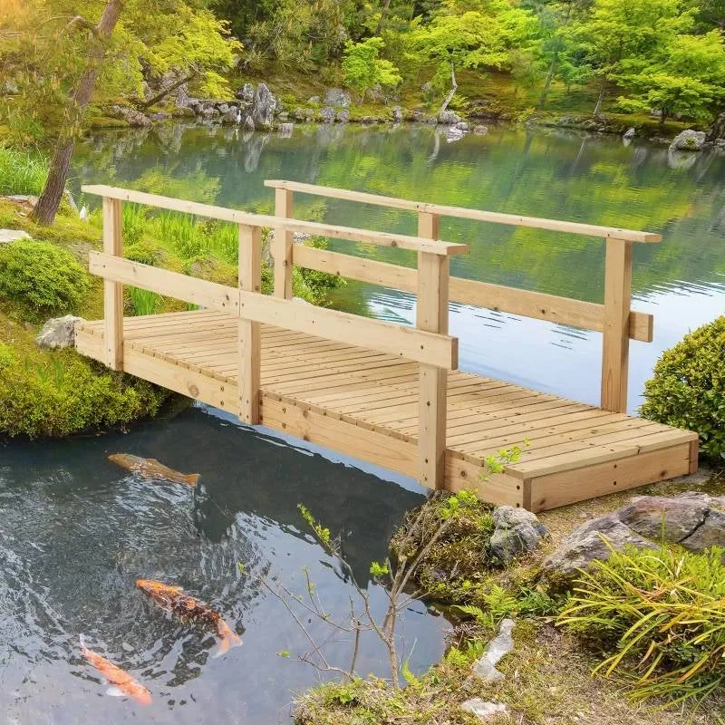 7 ft. Wooden Garden Bridge with Hand Rails in Natural Finish