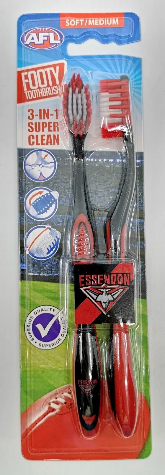 AFL Adult Toothbrush Twin Pack - Essendon Bombers - Set of Two - Soft/Medium