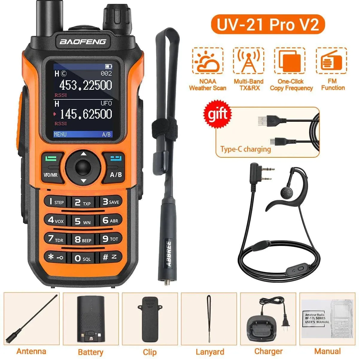 Baofeng UV-21 Pro V2 Walkie Talkie Wireless Copy Frequency Type-C Charger Long Range Waterproof Flashlight UV-5R Ham Radio