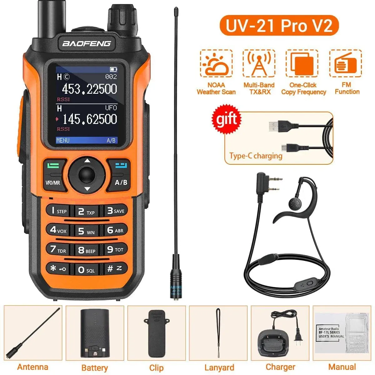 Baofeng UV-21 Pro V2 Walkie Talkie Wireless Copy Frequency Type-C Charger Long Range Waterproof Flashlight UV-5R Ham Radio