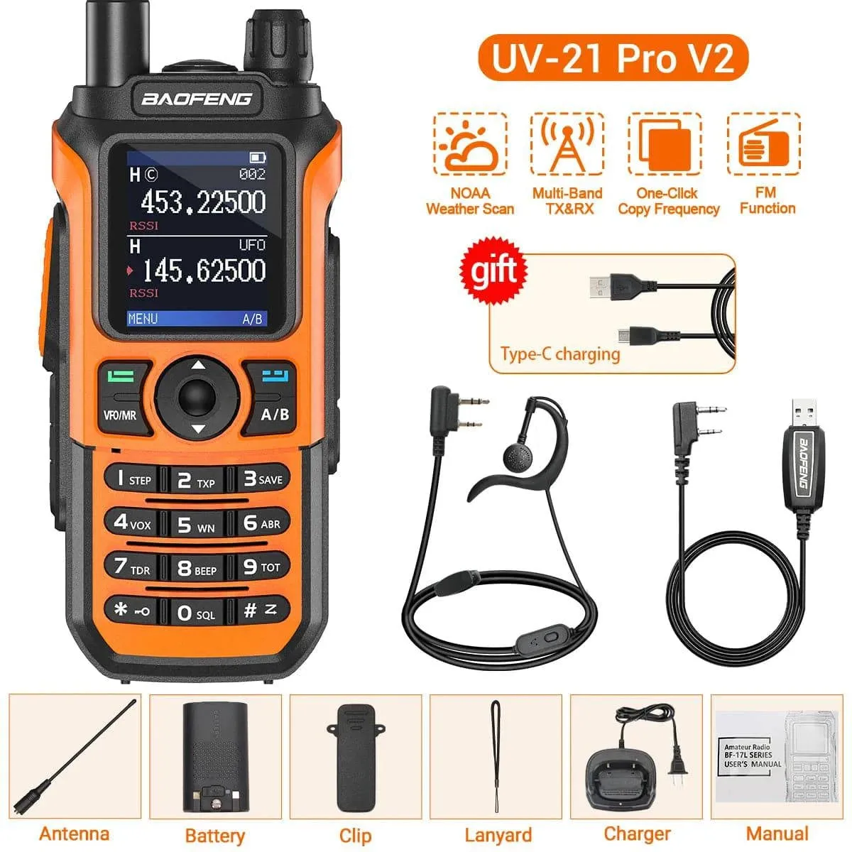 Baofeng UV-21 Pro V2 Walkie Talkie Wireless Copy Frequency Type-C Charger Long Range Waterproof Flashlight UV-5R Ham Radio