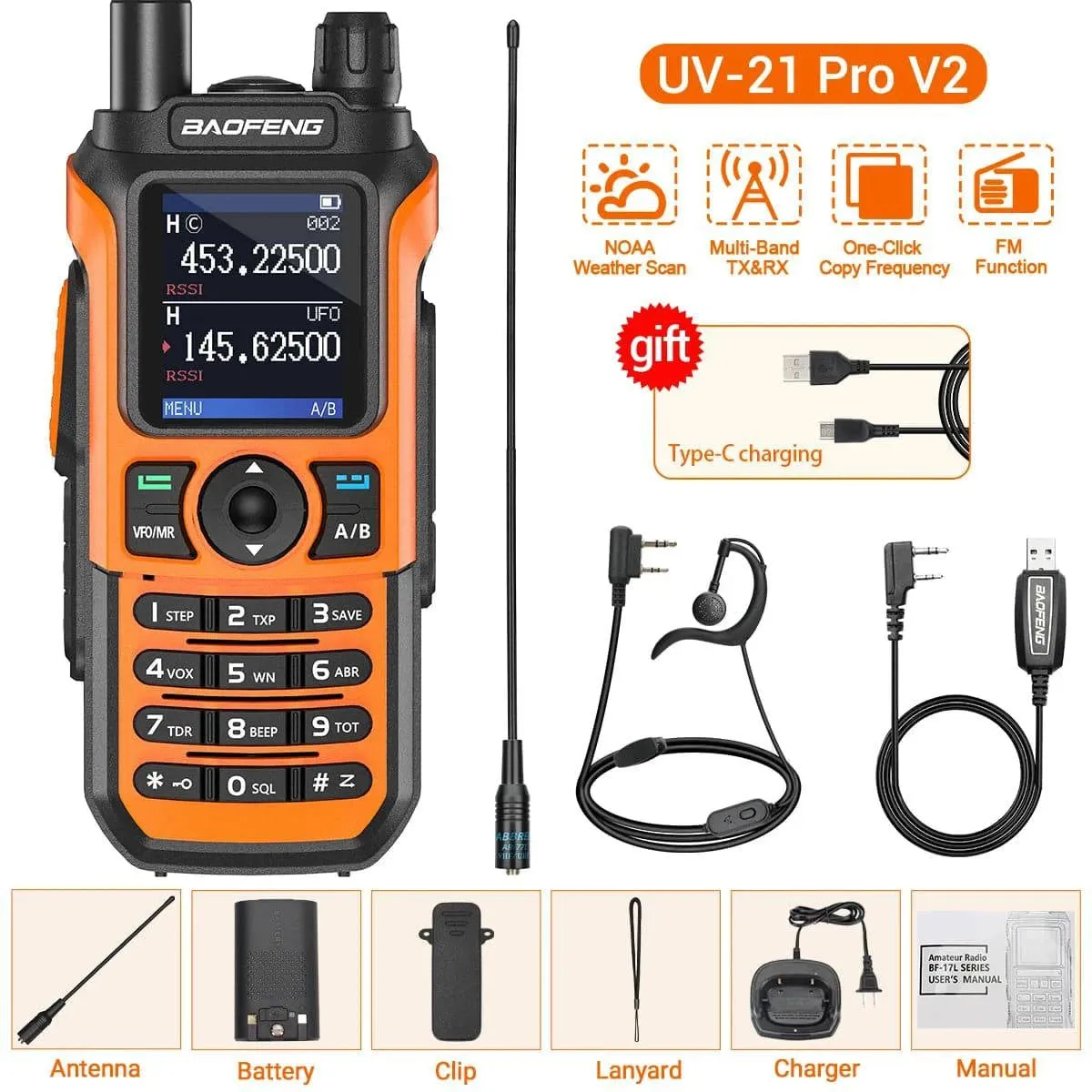 Baofeng UV-21 Pro V2 Walkie Talkie Wireless Copy Frequency Type-C Charger Long Range Waterproof Flashlight UV-5R Ham Radio