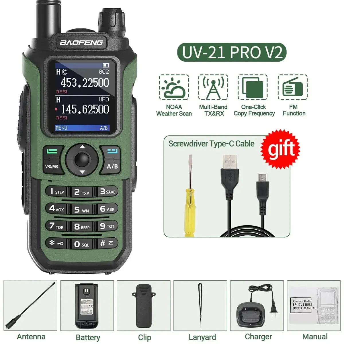 Baofeng UV-21 Pro V2 Walkie Talkie Wireless Copy Frequency Type-C Charger Long Range Waterproof Flashlight UV-5R Ham Radio