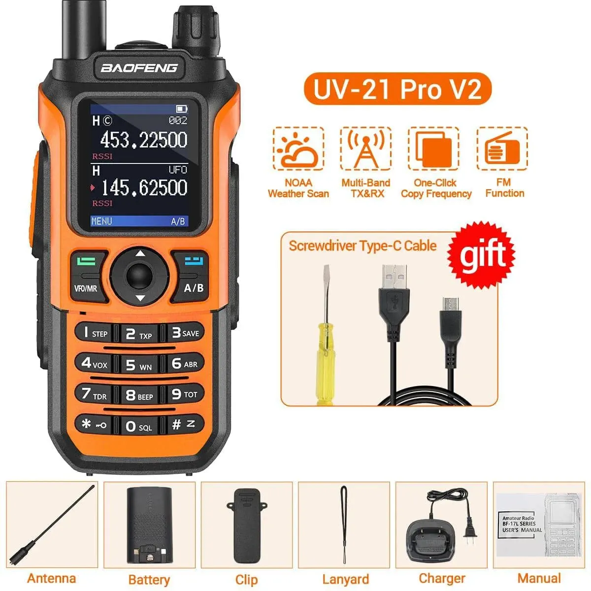 Baofeng UV-21 Pro V2 Walkie Talkie Wireless Copy Frequency Type-C Charger Long Range Waterproof Flashlight UV-5R Ham Radio