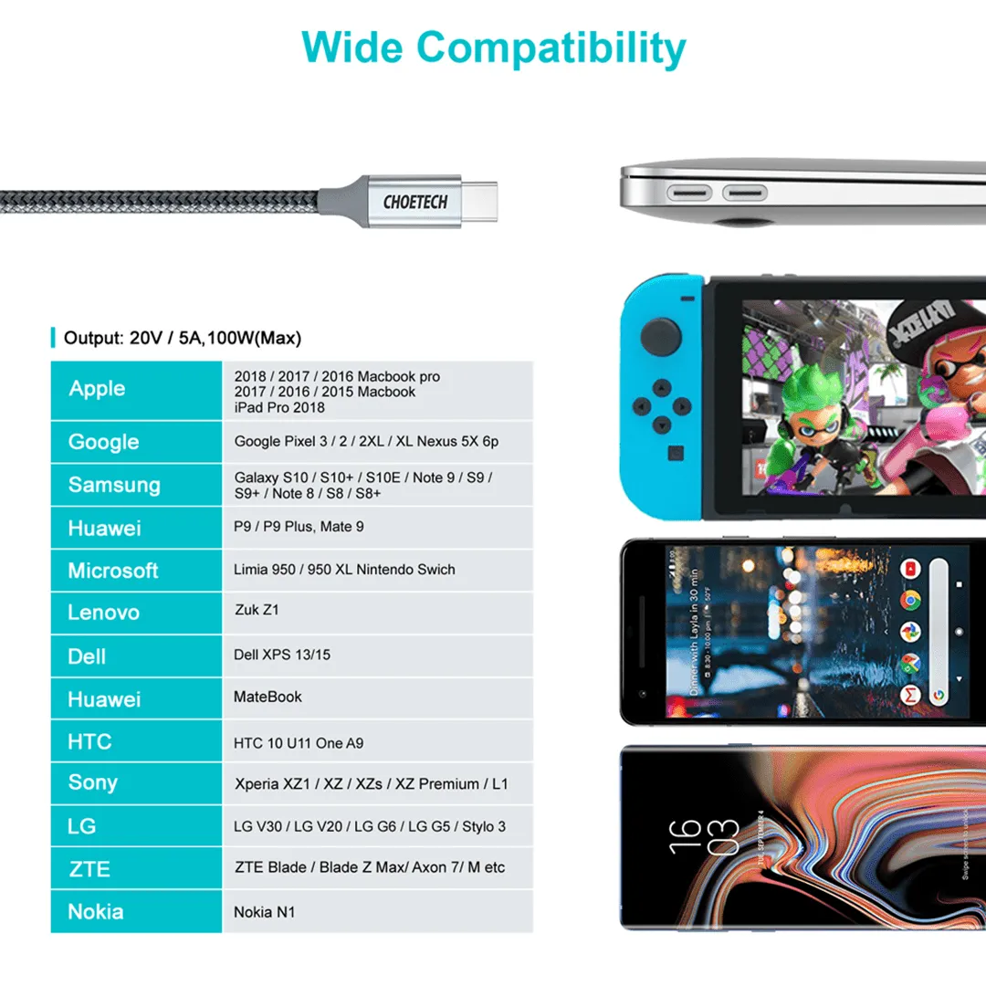 CHOETECH 100W PD USB-C Fast Charging Braided Cable (2M)