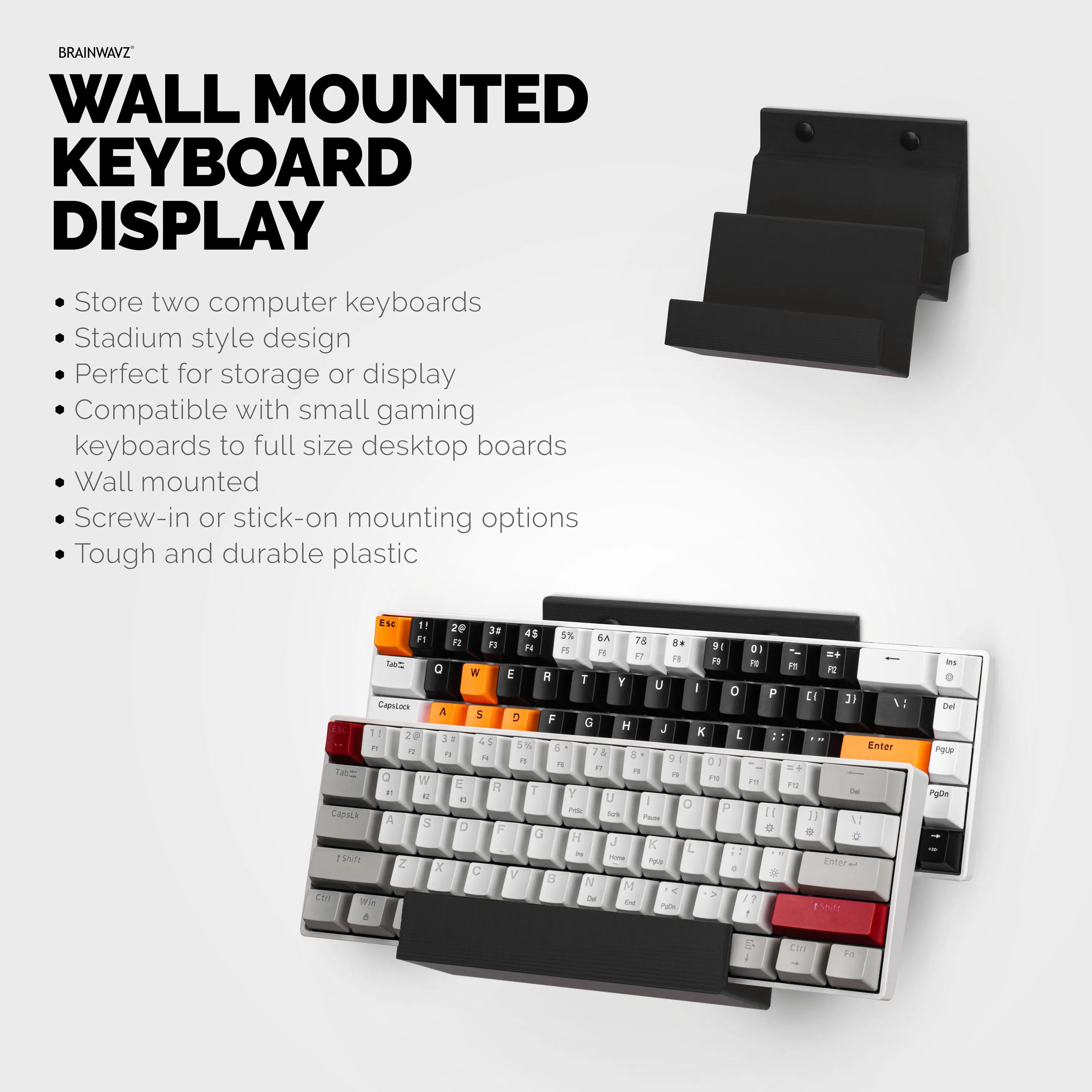 Dual Gaming Keyboard Stand for Wall Mounting - Adhesive or Screw Mount Installation - Stylish and Space Saving Solution for Gamers, Home & Office (KBW03)