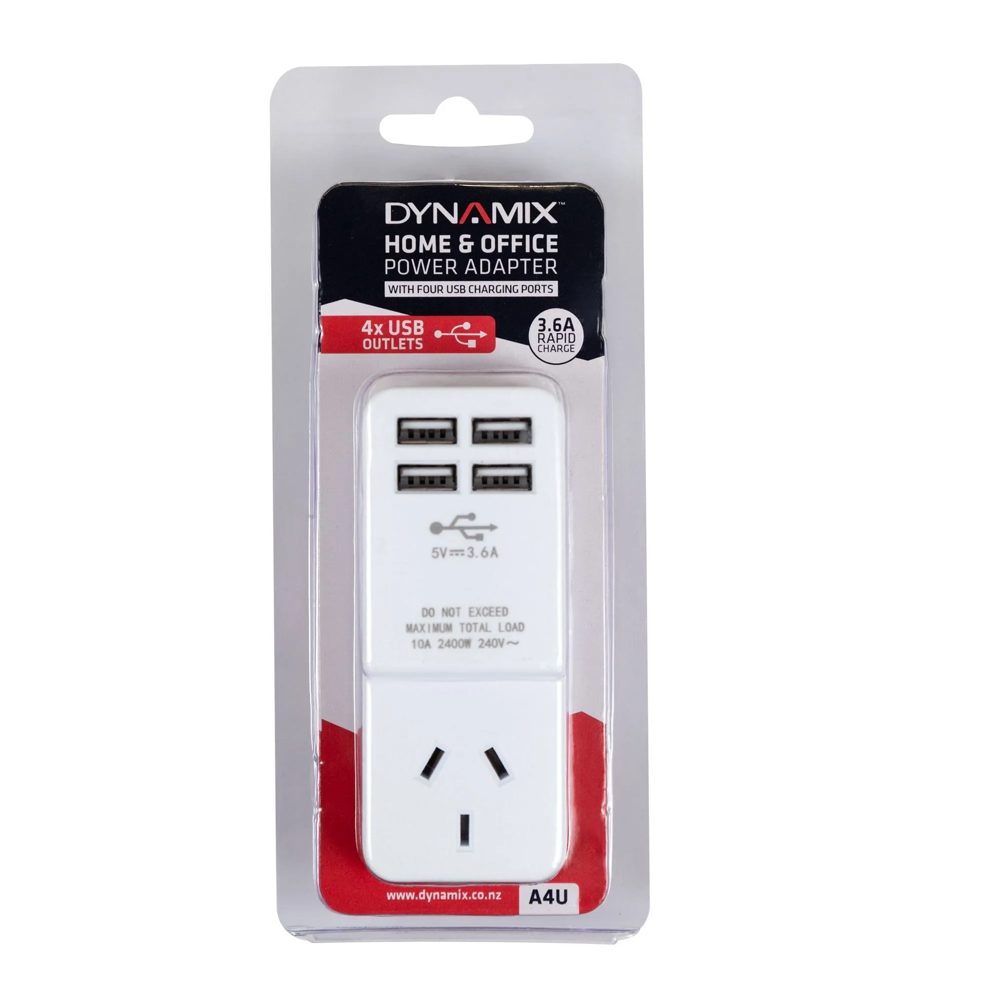 DYNAMIX USB-A Wall Charger with 4x USB-A Outlets & 1x Main Power Socket. Shared 3.6A Quick Charge. 5V 10 Amp, 2400W. Designed for Tablets, Phones & Any Other USB Compatible Devices.