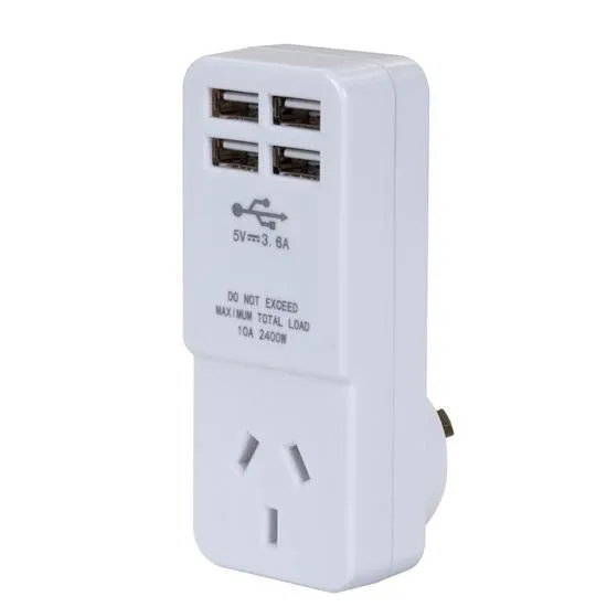 DYNAMIX USB-A Wall Charger with 4x USB-A Outlets & 1x Main Power Socket. Shared 3.6A Quick Charge. 5V 10 Amp, 2400W. Designed for Tablets, Phones & Any Other USB Compatible Devices.