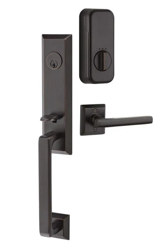 Emtek Single Cylinder Transitional Heritage Monolithic Handleset EMPowered Motorized Smart Lock Upgrade With Modern Square Glass Knob