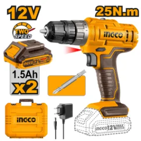 Ingco 12V Cordless Drill With 2 Pcs Batteryies, Charger, Plastic Chuck, 1 Pcs Drill Bit, 25Nm, 1500 Rpm, 0.8-10Mm, 5 1 Torque, Variable Speed, Led, Yellow,Brown CDLI1228