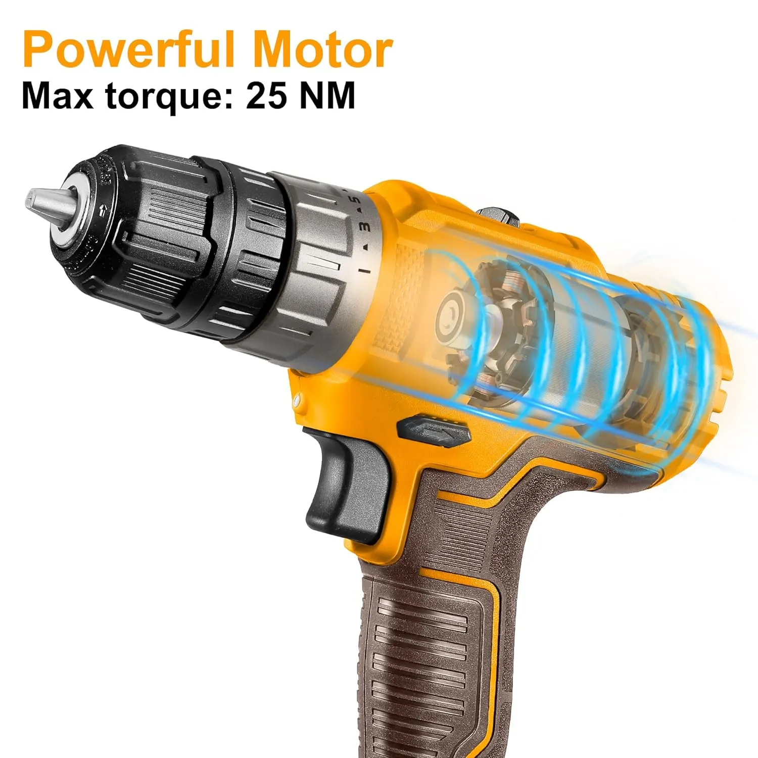 Ingco 12V Cordless Drill With 2 Pcs Batteryies, Charger, Plastic Chuck, 1 Pcs Drill Bit, 25Nm, 1500 Rpm, 0.8-10Mm, 5 1 Torque, Variable Speed, Led, Yellow,Brown CDLI1228