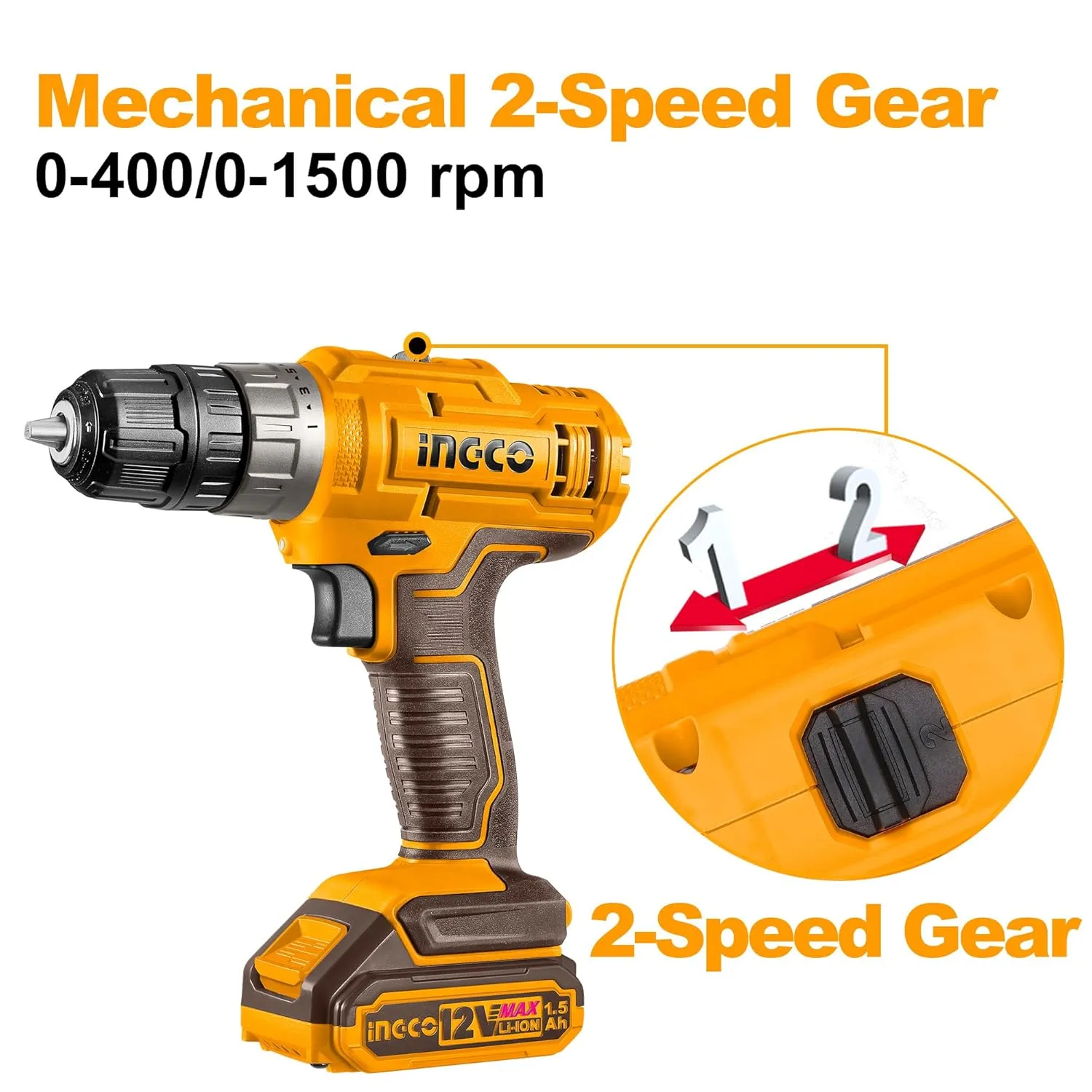 Ingco 12V Cordless Drill With 2 Pcs Batteryies, Charger, Plastic Chuck, 1 Pcs Drill Bit, 25Nm, 1500 Rpm, 0.8-10Mm, 5 1 Torque, Variable Speed, Led, Yellow,Brown CDLI1228