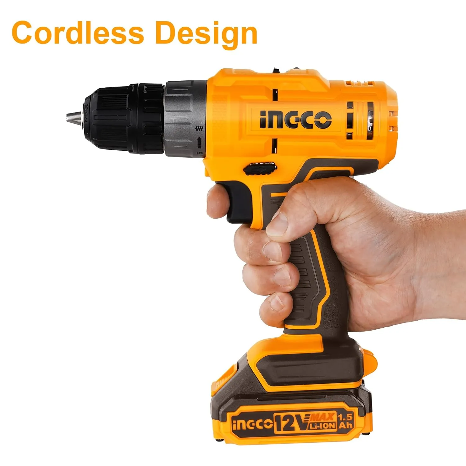 Ingco 12V Cordless Drill With 2 Pcs Batteryies, Charger, Plastic Chuck, 1 Pcs Drill Bit, 25Nm, 1500 Rpm, 0.8-10Mm, 5 1 Torque, Variable Speed, Led, Yellow,Brown CDLI1228