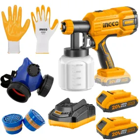 Ingco Cordless Spray Gun Kit(Char.  2X Battery 2Ah Nitrile Gloves Resp. Mask(Double Fil.)  2X Paint Filt.)