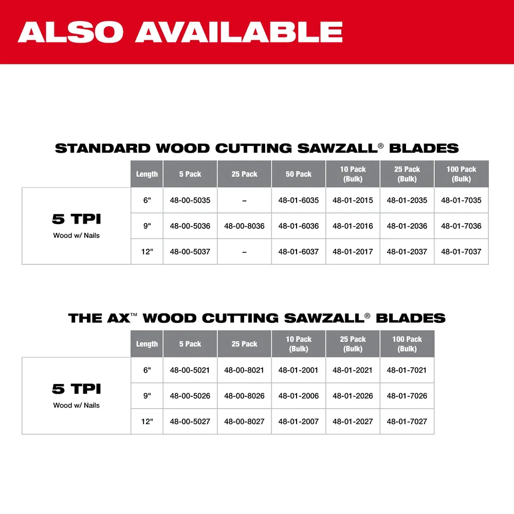 Milwaukee 12" 5-TPI Wood Cutting SAWZALL‚® Blades, (Single Blade)