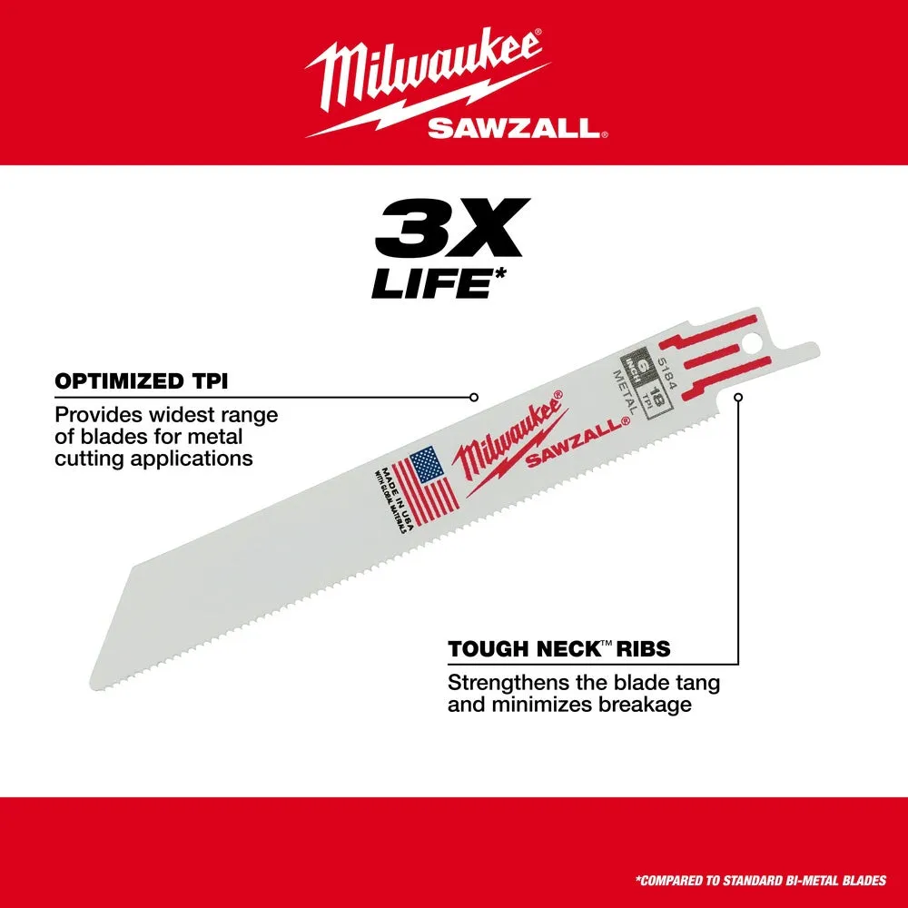 Milwaukee 48-00-8184 Super Sawzall Blade 18 Teeth per Inch 6-Inch Length, 25 Pack