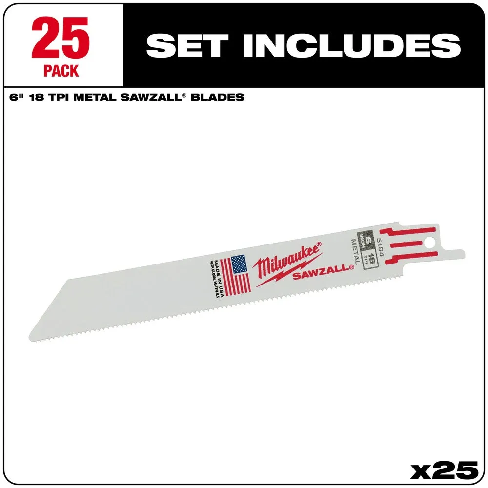 Milwaukee 48-00-8184 Super Sawzall Blade 18 Teeth per Inch 6-Inch Length, 25 Pack