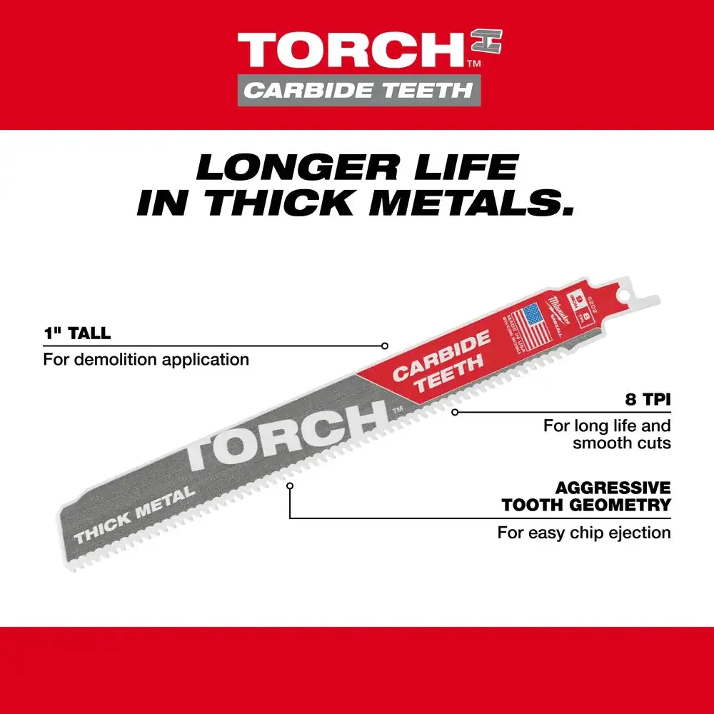 Milwaukee 9" 8TPI SAWZALL‚® TORCH Carbide Blades, (Single Blade)