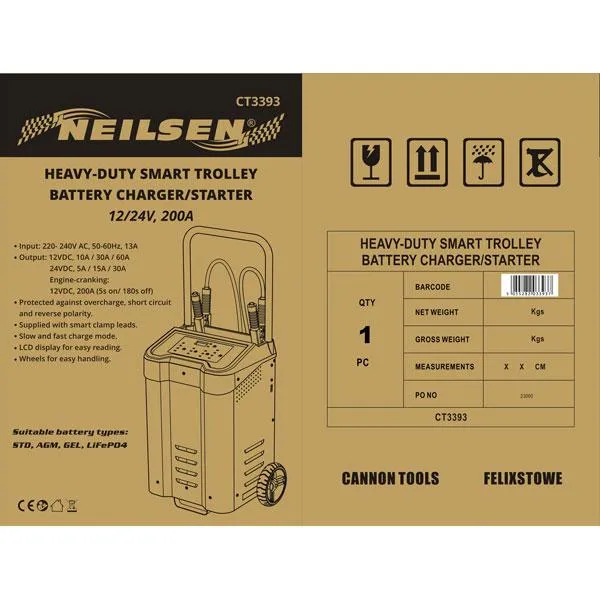 Neilsen CT3393 Heavy-duty Smart Trolley Battery Charger/starter 12/24v,200a