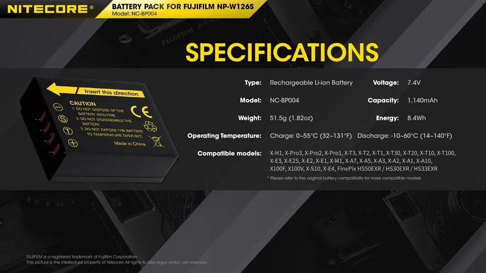 Nitecore NC-BP004 Camera Battery Compatible Fujifilm NP-W126S