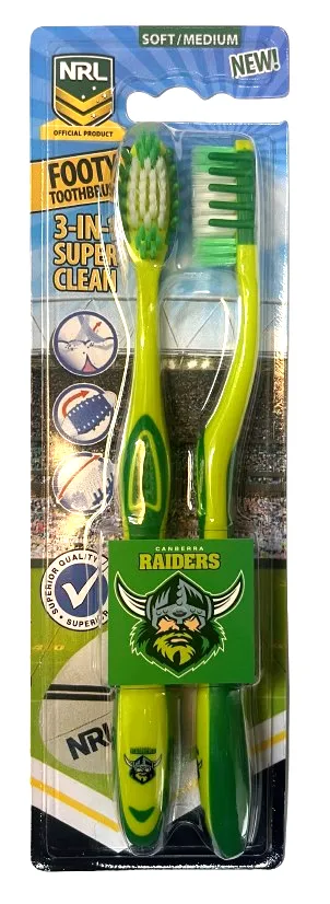 NRL Adult Toothbrush Twin Pack - Canberra Raiders - Set of Two - Soft/Medium