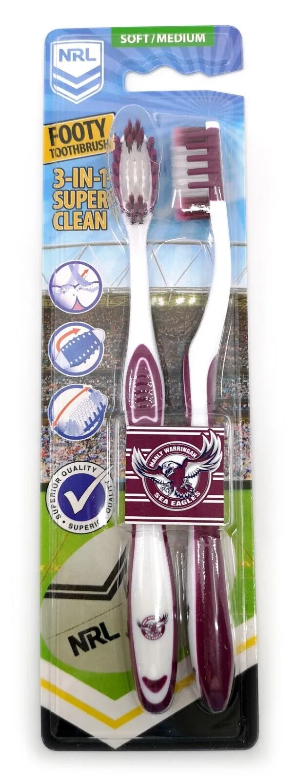 NRL Adult Toothbrush Twin Pack - Manly Sea Eagles - Set of Two - Soft/Medium