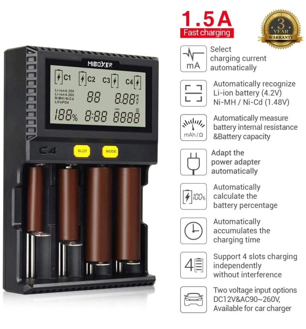 Original MiBOXER Smart Universal 4-Bay Charger, Automatic LCD Display,Fast Charging Rechargeable Li-ion LiFePO4 Ni-MH Ni-Cd AA AAA