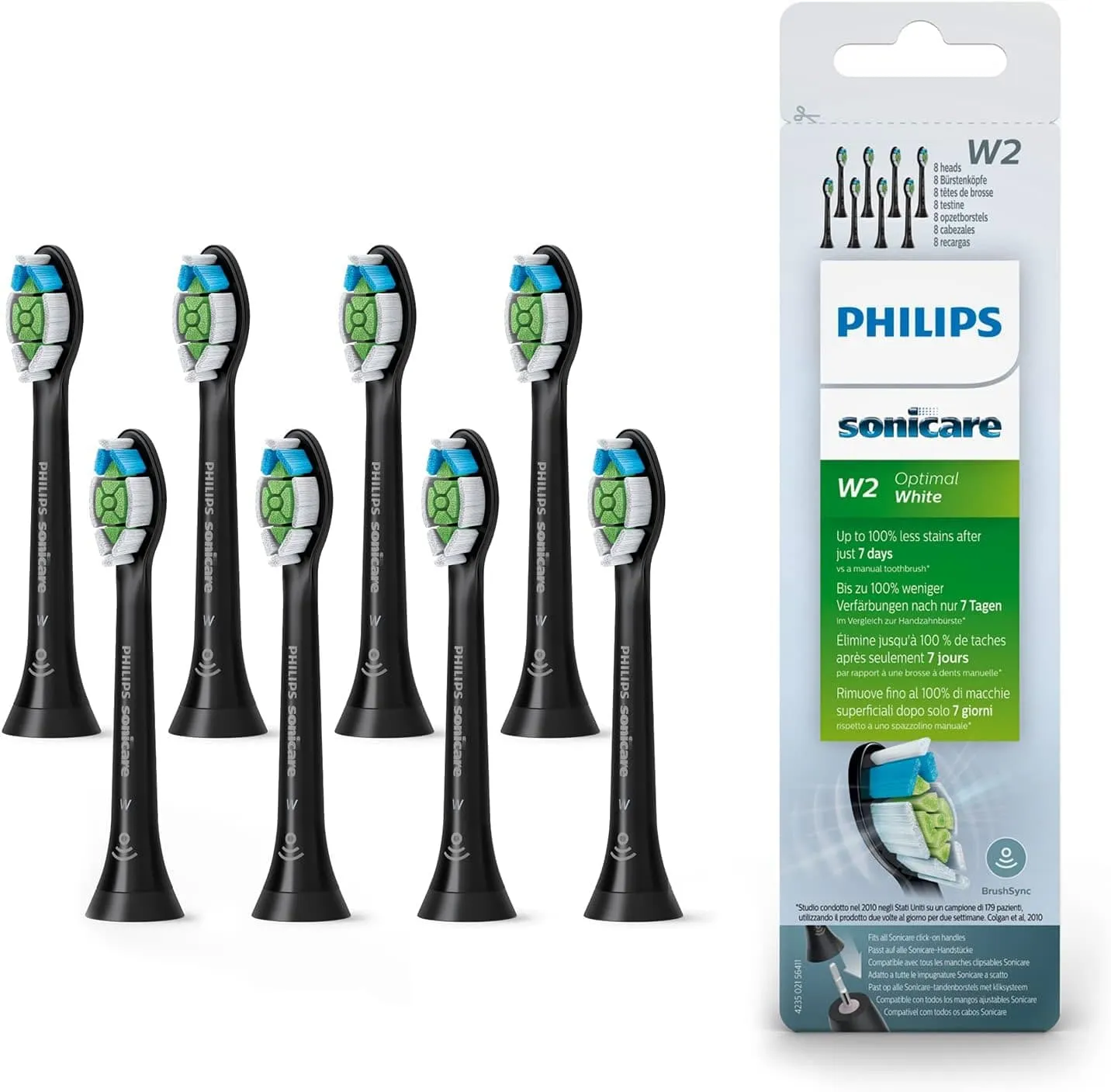 Philips Sonicare Original W2 Optimal White Standard Sonic Toothbrush Heads - 8 Pack in Black