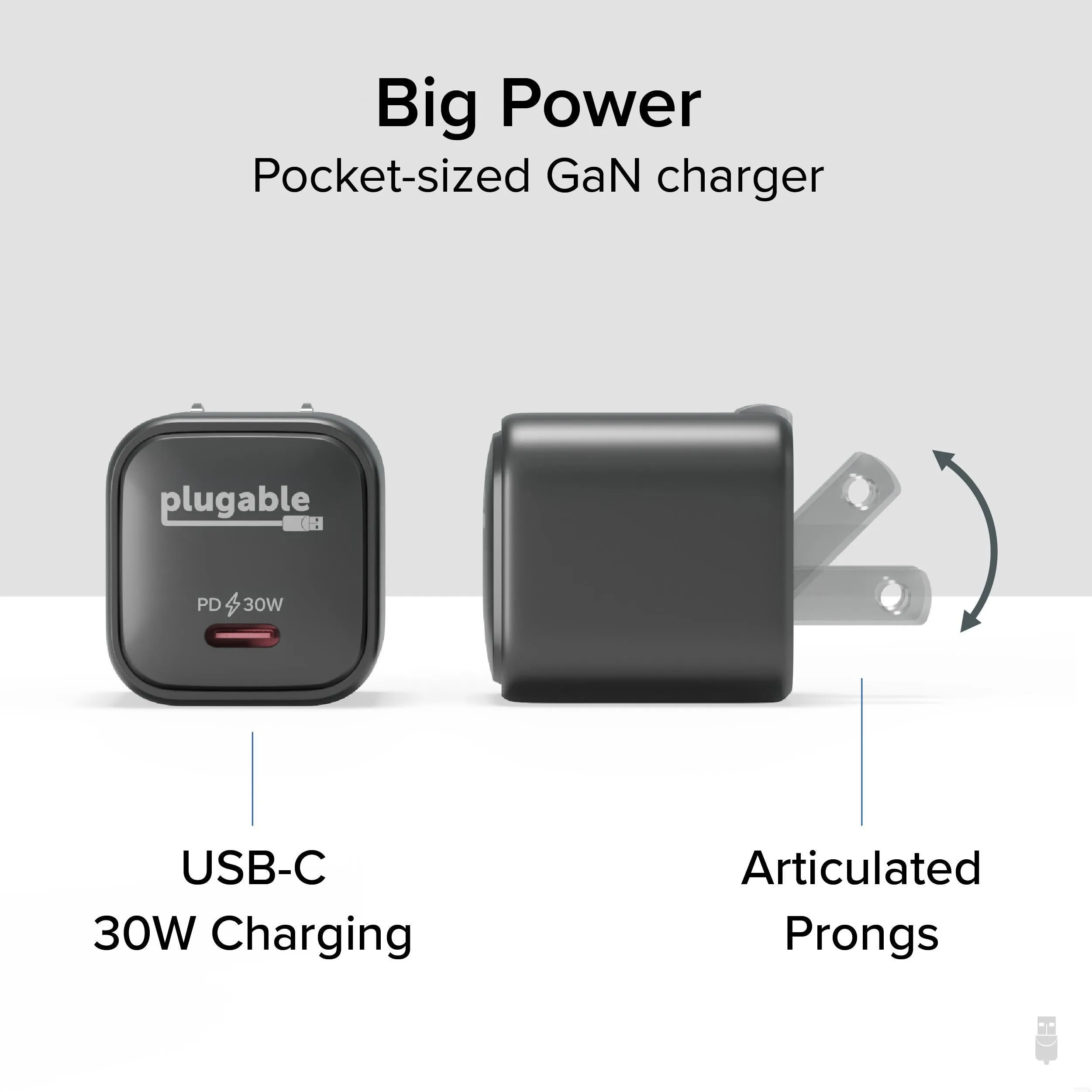 Plugable GaN USB-C Charger Block, 30W - Black