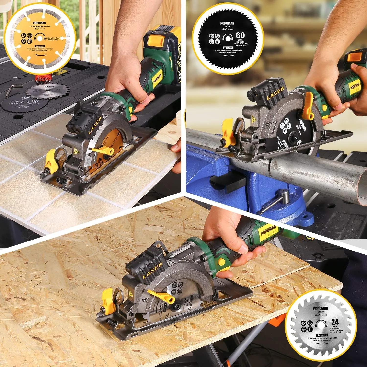 POPOMAN 20V Max 4-1/2" Cordless Circular Saw, 4.0Ah Battery,4,500RPM Compact Circular Saw with Laser, Fast Charger, 3 Blades for Wood, Plastic, Soft Metal and Tile Cuts - MTW510B