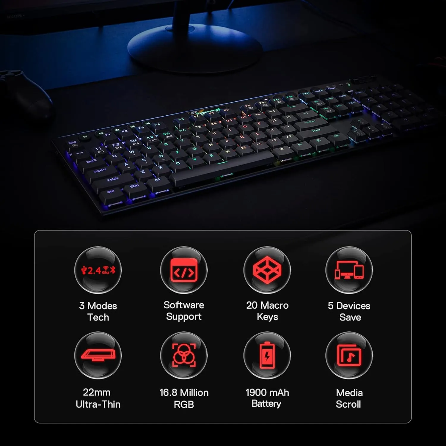 Redragon Keyboard K618 Horus Wireless Mechanical