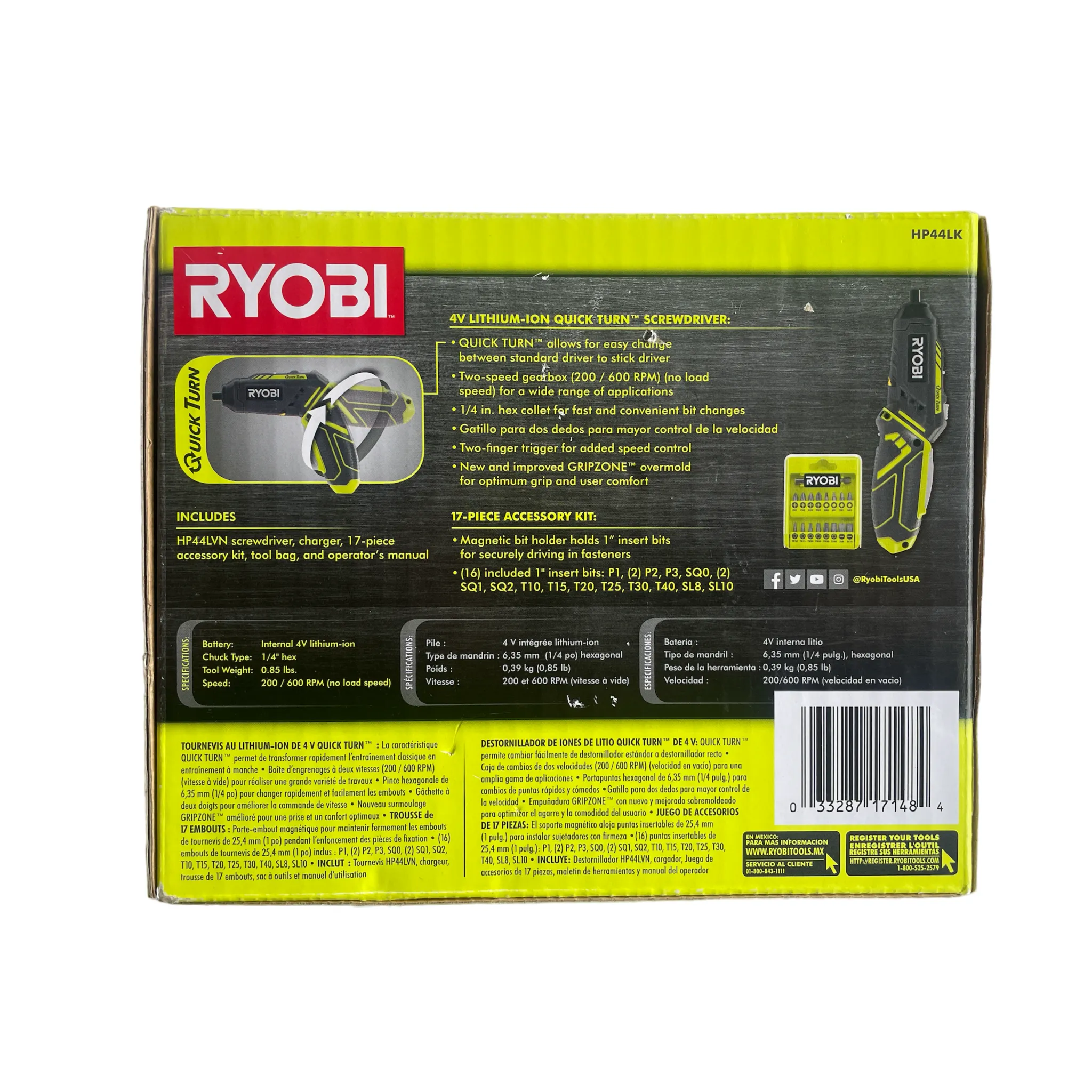 RYOBI 4-Volt QuickTurn Lithium-Ion Cordless 1/4 in. Hex Screwdriver with Accessories Kit