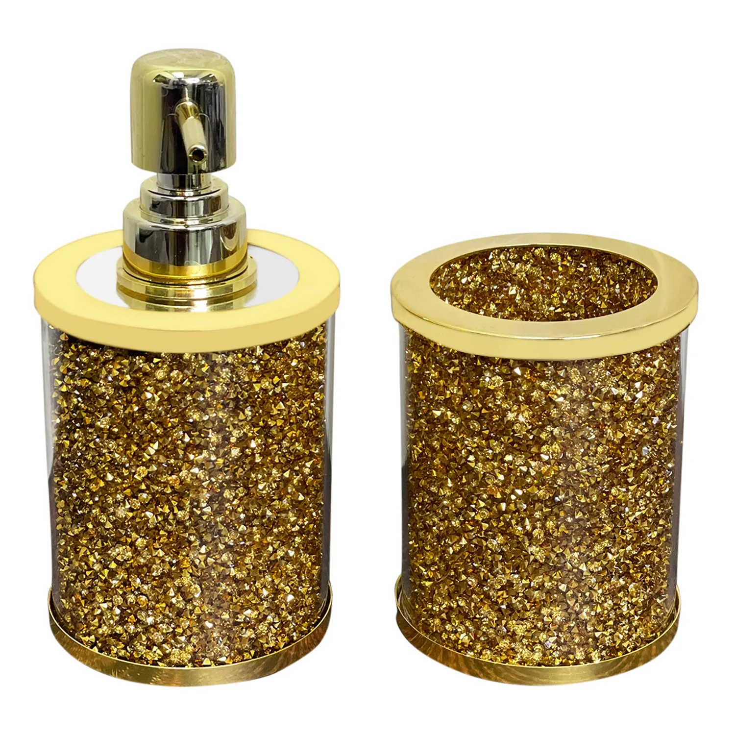 Soap Dispenser and Toothbrush Holder in Gift Box, Gold Crushed Diamond Glass