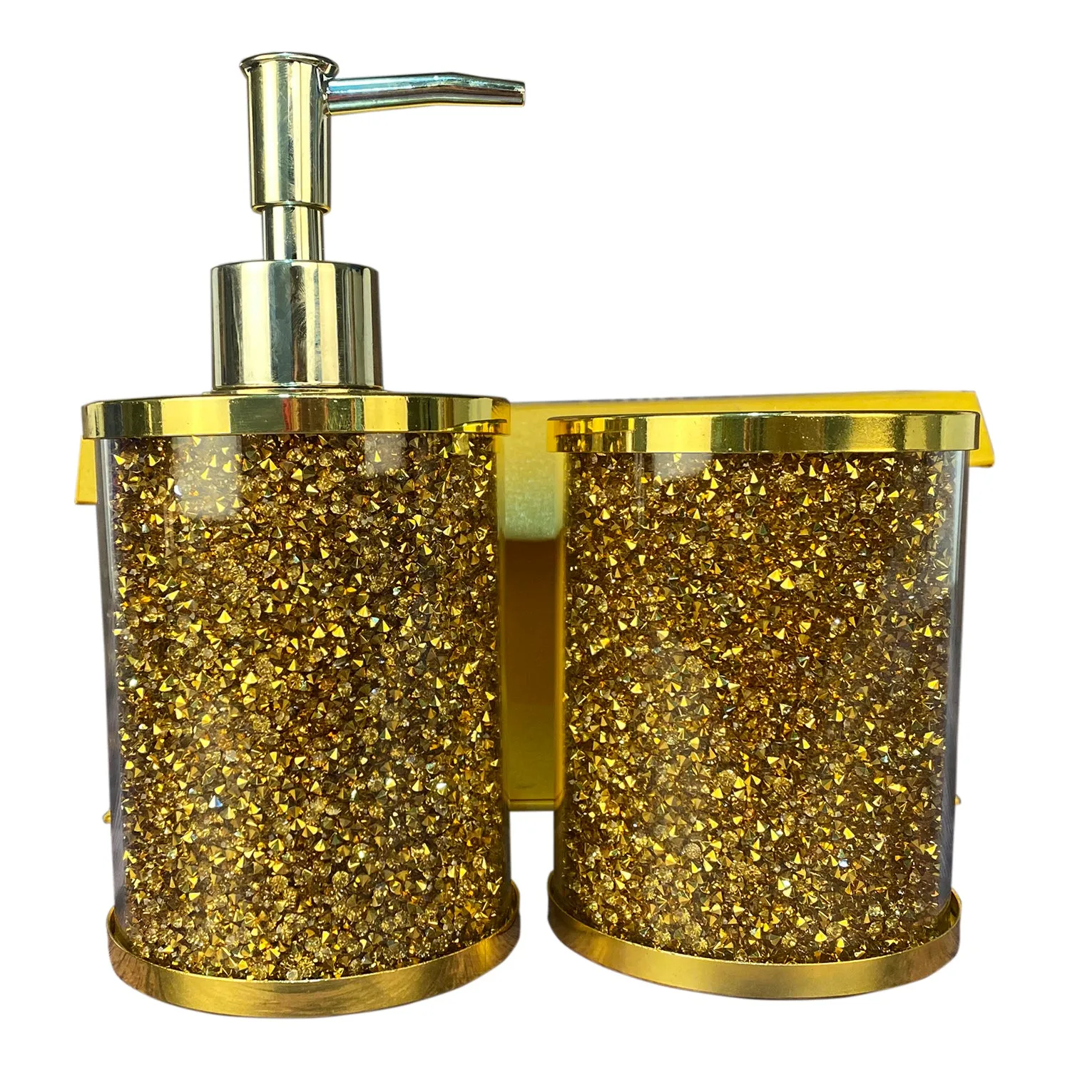 Soap Dispenser and Toothbrush Holder in Gift Box, Gold Crushed Diamond Glass