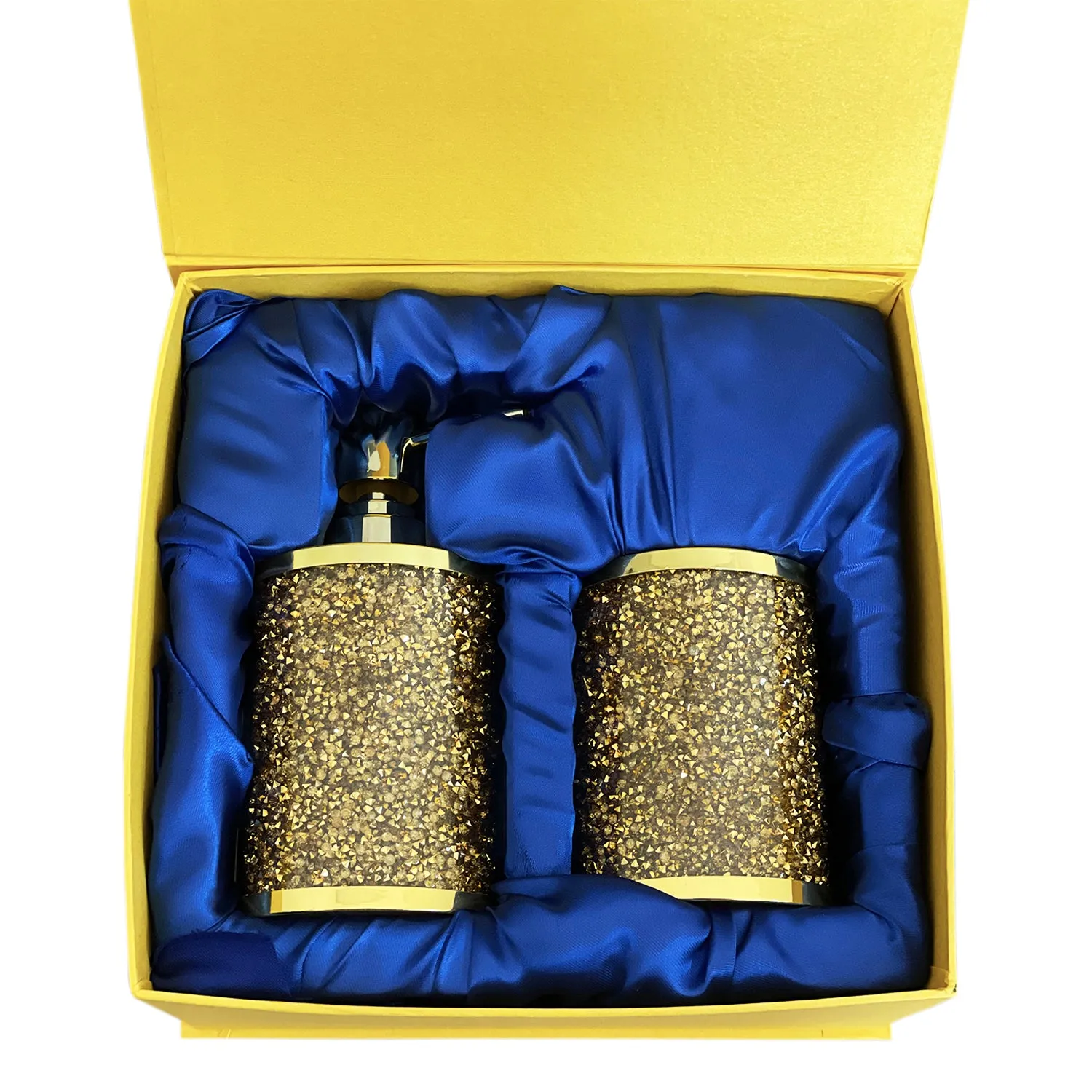 Soap Dispenser and Toothbrush Holder in Gift Box, Gold Crushed Diamond Glass