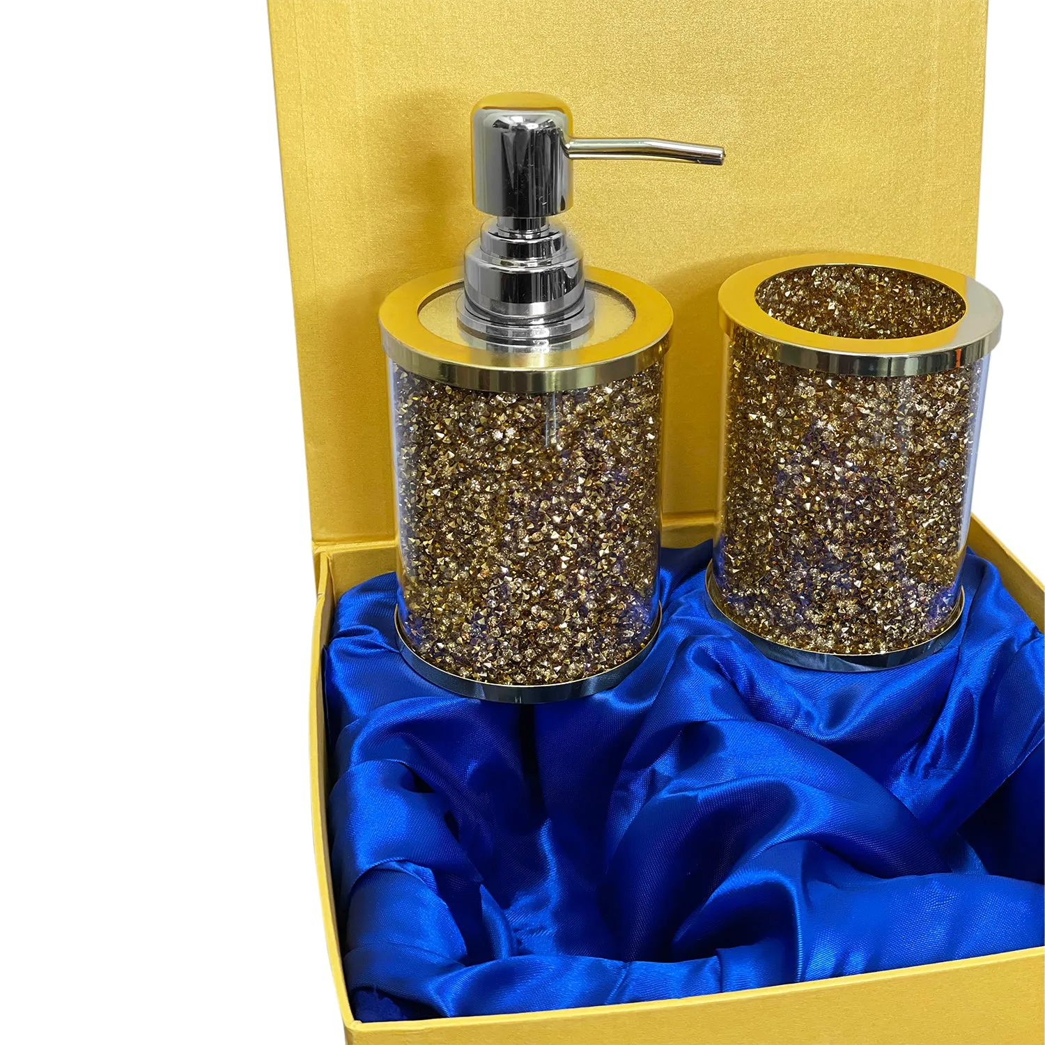 Soap Dispenser and Toothbrush Holder in Gift Box, Gold Crushed Diamond Glass