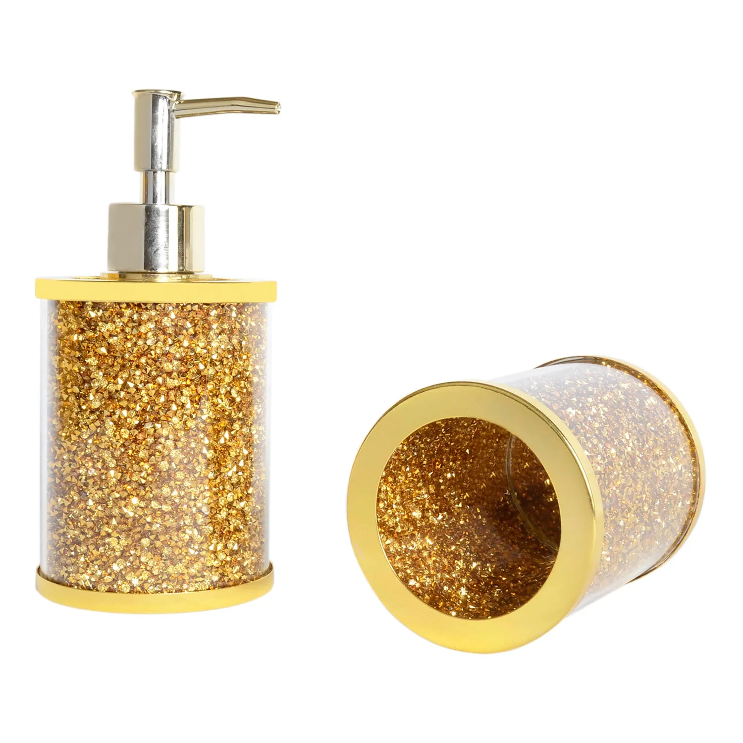 Soap Dispenser and Toothbrush Holder in Gift Box, Gold Crushed Diamond Glass